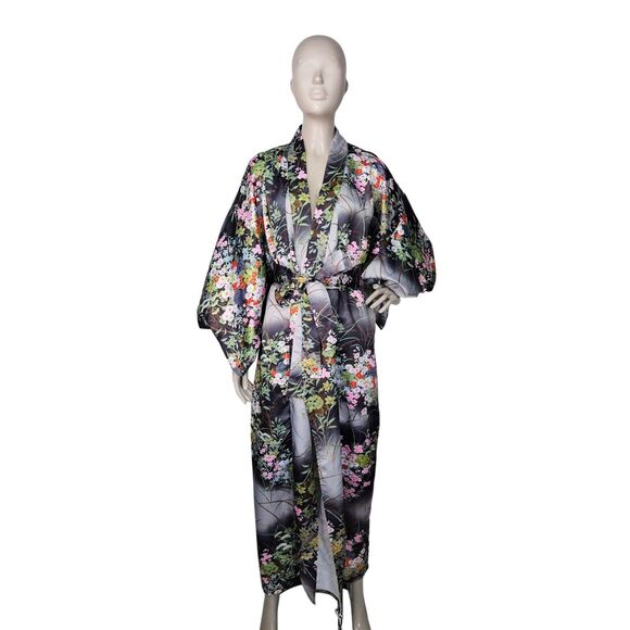 Vintage Silky Satin Black Garden Floral Belted Boho Kaftan Kimono Robe OSFM - Picture 7 of 10